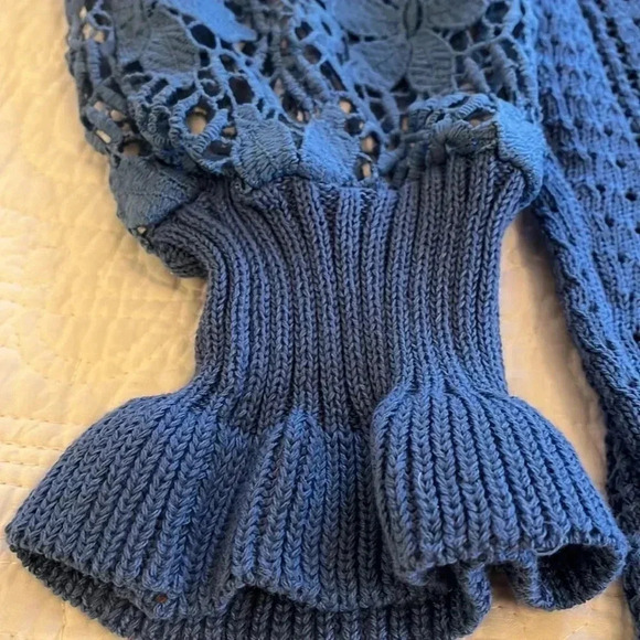 Knit Lacy Crochet Cable Sweater Womens Large Long Sleeves Blue Cottage Core Boho - Picture 6 of 16